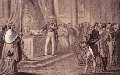 Ferdinand I av Bourbon eller Ferdinand IV (1751 - 1825), konge av Napoli, innviet grunnloven av 1820 - i "" Storia d