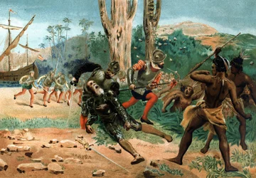 Fernand de Magellan (omkring 1480-1521), portugisisk sjøfarer, døde etter å ha blitt drept på øya Mactan (Filippinene) 27. april 1521. Etter «Hombres y Mujeres célebres». Barcelona 1877.
