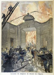 Brannvesenets inngrep under brannen i operaens dekorbutikk. illustrasjon av "Petity Journal" i 1894.