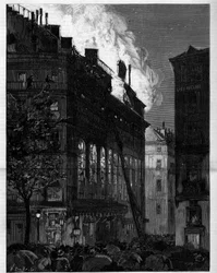Fire of the Opera Comique (Opera-Comique) i Paris sett fra Rue Marivaux og Boulevard des Italians 26. mai 1887. Gravering i "" Le monde illustrious""