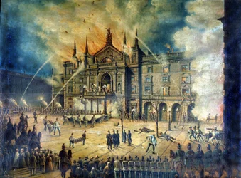 Brann av Wieneroperaen Wiener Ringtheater i 1881. Tegning fra 1800-tallet