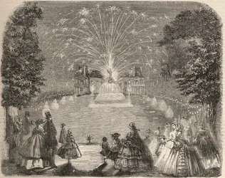 Fyrverkeri og illuminasjon av slottet Maisons-Laffitte (Maison-Laffitte) om kvelden under landbrukskomiteens konkurranse. Gravering i «Le Monde illustré» fra 1857. Privat samling.