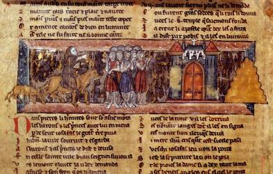Det første korstog (1096-1099): Peter Eremitten (1050-1115), fransk religiøs leder for det første korstog, taler til korsfarerne. Manuskriptet om Svane-ridderen