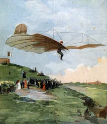 Første glidetest av Otto Lilienthal (1848-1896), en tysk ingeniør, på flyet hans i 1894