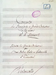 Første side med noteark til konsert for piano og stort orkester i d-moll av Mozart, Lichtenthal-versjon (1800-tallet)