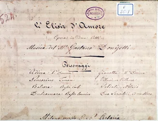 Første side med noteark til The elixir of love, opera av Gaetano Donizetti