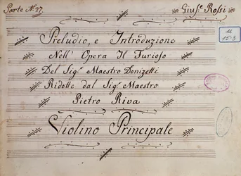 Første side av notene for fiolin, The furious on the island of San Domingo av Gaetano Donizetti