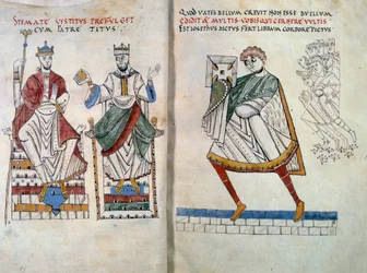 Flavius Josephe (opprinnelig Yossef ben Matityahu, gresktalende jødisk historiker (37-100) tilbyr boken sin til keisere Titus og Vespasian. Miniatyr hentet fra "" De Bello Judaico (Jødekrigen) "" (folio 2 og 3)