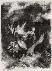 Flight of Angelica (Angelica) during the battle - engraving of 1851 from “” Furious Roland”” (Orlando furioso) (16th century) by Ludovico Ariosto, known as the Ariosta - Edition translated from Italian by the Count of Tressan and published by Gustave Harva