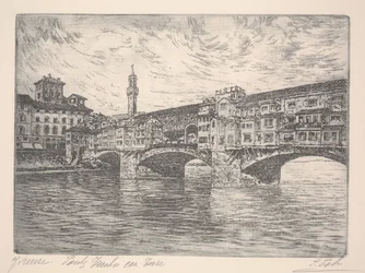 Firenze, Ponte Vecchio med tårn, sannsynligvis sent på 1800-tallet (radering)