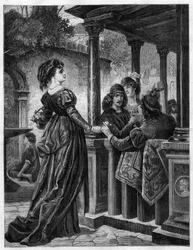 Flower merchant in the streets of Florence in the Middle Ages. Engraving in “” The Illustrious Universe””