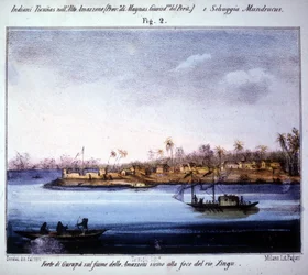 Festningen Gurupà ved Amazonas-elven, nær munningen av Rio Xingu i Ecuador. Gravering fra 1846 - 1848.