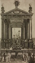 Fontene med kjerub og tempel, gravering, frontispiece fra Grand Art d#39;Artillerie, av Casimir Siemienowicz