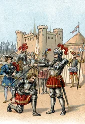 Frans I av Frankrike ber om å bli riddet av Chevalier Bayard etter seier i slaget ved Marignano, Italia