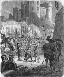 Frans I av Frankrike ber om å bli riddet av Chevalier Bayard etter seier i slaget ved Marignano, Italia