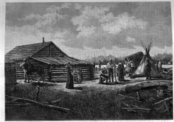 Franco-Canadian Metis Village in Canada. Engraving in “Le journal de la jeunesse”