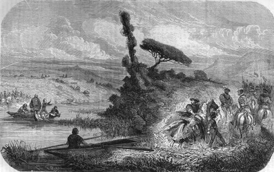 Francois første bytte for sine to sønner som gisler på Bidassoa 17/03/1526. I ""Frankrikes populære historie"", nd. ca 1885. Gravering.