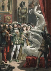 Francois I (1494-1547), konge av Frankrike, ved den italienske billedhuggeren Benvenuto Cellini (1500-1571) gravering fra 1881 i "Skjønnhetskulten"" av Juan Justo Huguet, Molinas Hermanos redaktører