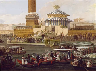 Frans I av De to Sicilier (1777-1830) og hans hustru Maria Isabella av Spania (1789-1848) ved en seremoni i arsenalet i Napoli. Anonymt maleri fra 1800-tallet - Napoli, Museo Nazionale di San Martino
