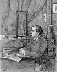 François Coppée (1842-1908), fransk poet og dramatiker. Tegning av M.F. Desmoulins.1885.