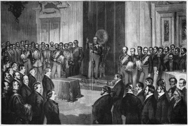Frederick William IV (1795-1861), konge av Preussen, sverget ed på grunnloven, 6. februar 1850, tregravering etter Paul Buerde