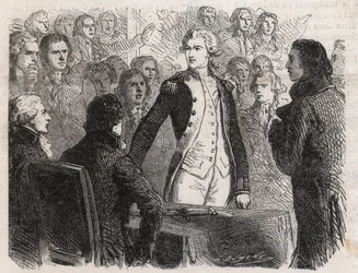 Den franske revolusjon: General Gilbert du Motier de La Fayette (1757-1834) fratrer kommandoen over nasjonalgarden - stikk i «Le Monde Illustré»