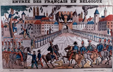 Fransk hær gikk inn i Belgia for å støtte den belgiske uavhengigheten i oktober 1830 (gravering)