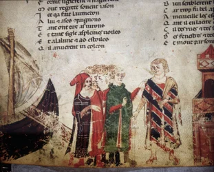 Fransk kjøpmann i Venezia. Miniatyr fra «Roman de Troie» av Benoît de Sainte-Maure. 14. århundre, Biblioteca Marciana, Venezia