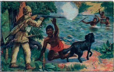 Fredagens utlevering. Illustrasjon for boken til Daniel Defoe (De foe) "" Robinson Crusoe"". Kromolitografi fra slutten av 1800-tallet.