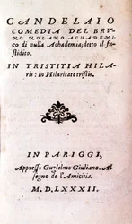 Frontispice av "" Il candelaio"" (Lysestaken) av Giordano Bruno (1546-1600), italiensk filosof og teolog. 1582