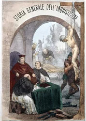Frontispice of The General History of the Inquisition av Pietro Tamburini med en illustrasjon som viser scener med symbolsk inkvisisjon. Milano 1850.