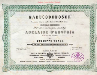 Frontispice av musikalsk partitur av Nabucco-operaen av Giuseppe Verdi