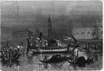 Begravelse til Daniele Manin (1804-1857), som deltok i Risorgimento, i Venezia: likgondolen som frakter asken mot St. Zacharia-kirken passerer foran det kongelige palasset. Gravering i "" The Illustrious Universe""