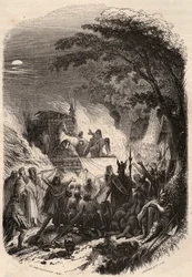 Begravelse til en høvding Germain i antikken: kroppen hans blir brent med våpnene og hesten hans. Gravering fra 1868 i «Histoire de Belgique fra primitiv tid til slutten av regne av Leopold I»» av Theodore Juste (1818-1888). Privat samling.