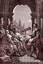 Galileo viser det første teleskopet til Dogen i Venezia (gravering