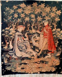 Galant scene, hjertets gave (Tapestry, ca. 1400-1410)