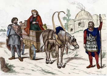 Gallic housing, woman, peasant, chariot, rich farmer, harness - in “” Les Costumes civil et militaires des Français dans travers les siècles Paris F. Roy 1882””.