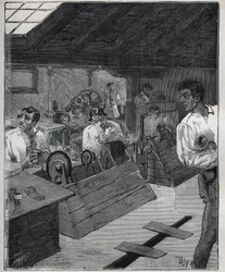 Galvanisk forgylling: skrape-boessage av gullsmykker med en skrape-boesse. Gravering fra 1885 i "" Les arts et metiers illustres"" av Adolphe BITARD.