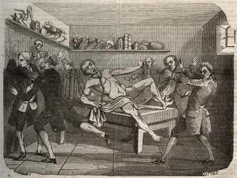 Galvanisering av liket av en bøddel med haugen til Alessandro (Alexandre) Volta: under påvirkning av elektrisitet ser det ut til at liket kommer til live igjen. Gravering fra 1856 i "" Le Musee Des Sciences""