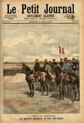 General Felix Gustave (Felix-Gustave) Saussier (1828-1905) og hans stab gjennomgikk troppene ved Vincennes. Gravering i "" Le petit journal illustrious"" 09/05/1891. Selvas samling.