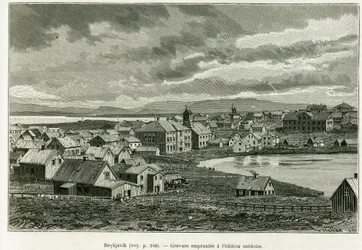 Generell utsikt over Reykjavik. Gravering for å illustrere historien Den nye ekspedisjonen til professor Nils Adolf Erik (Eric) Baron Nordenskjold (Nordenskiold) (1832-1901) på Grønland, av Charles Rabot, i tour du monde 1886, under ledelse av Edouard Char
