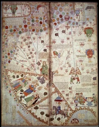 Geografisk kart: Kina, Ganges Valley, Sumatra, Ceylan. Catalan Atlas (katalansk kart) (Spania). Manuskript av 1375 (Folio 2v - folio 3) av Abraham Cresques. BN, Paris