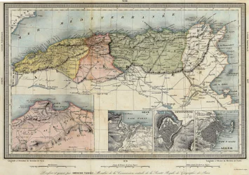 Geografisk kart over Algerie og detaljer om provinsene Alger, Oran og Konstantin, realisert av Amboise Tardieu