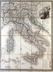 Geografisk kart over Italia i 1850 med avgrensning av grensene til de ulike statene som utgjorde landet før Risorgimento.