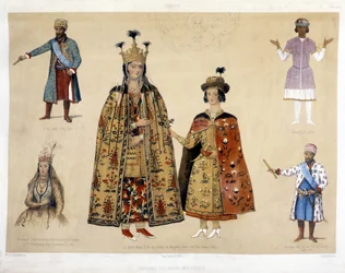 Georgiansk kostymetavle på 1500- og 1600-tallet: Kong Irakli (1744 - 1798), Gheorghi X (1687), prinsesse Chartchevadze (ambassadør av Georgia til St. Petersburg under Katarina II 1780), dronning Mary (datter av Dadian av Mingrelie med henne sønn Otthia 1