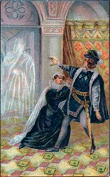Gertrude, Hamlet og Hamlets fars gjenferd. I William Shakespeares «Hamlet». Kromolitografi fra slutten av 19. århundre.
