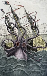 Kjempeblekksprut (Kraken) som angriper et skip - fra Denys-Montforts bok «Histoire naturelle des mollusques», Paris