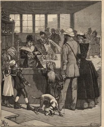 Glasskunst: turister som kjøper en perle blåst i en glassfabrikk i Venezia, Italia. Gravering fra 1885 i "" Les arts et metiers illustres"" av Adolphe BITARD.