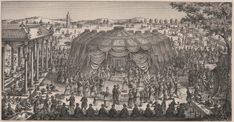 Stor bankett gitt av Tamerlan (1336-1405) (eller Timur Lang, "Timur den lamme") på Khani Gheul-sletten for å feire barnebarnas ekteskap - Gravering fra 1800-tallet