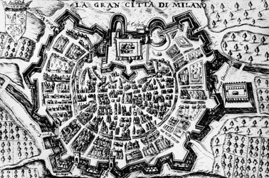Flott by Milano, gravering av kart over Milano, Italia